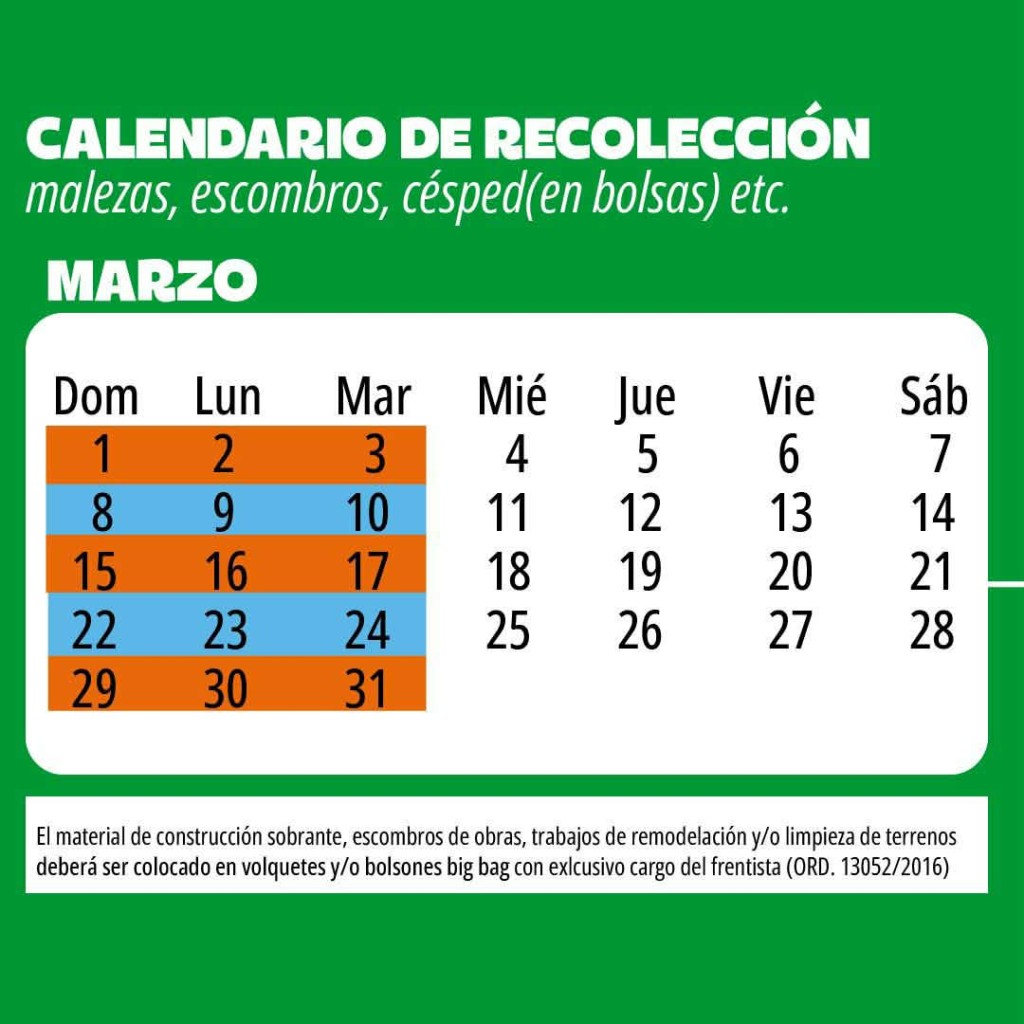 CALENDARIO DE RECOLECCI&Oacute;N DE MALEZAS DEL MES DE MARZO