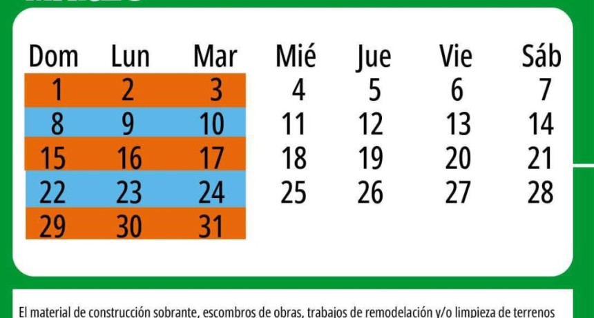 CALENDARIO DE RECOLECCI&Oacute;N DE MALEZAS DEL MES DE MARZO