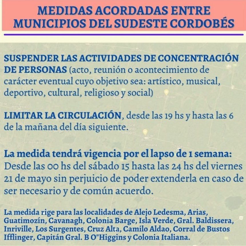 MÁS RESTRICCIONES EN EL SUDESTE CORDOBÉS