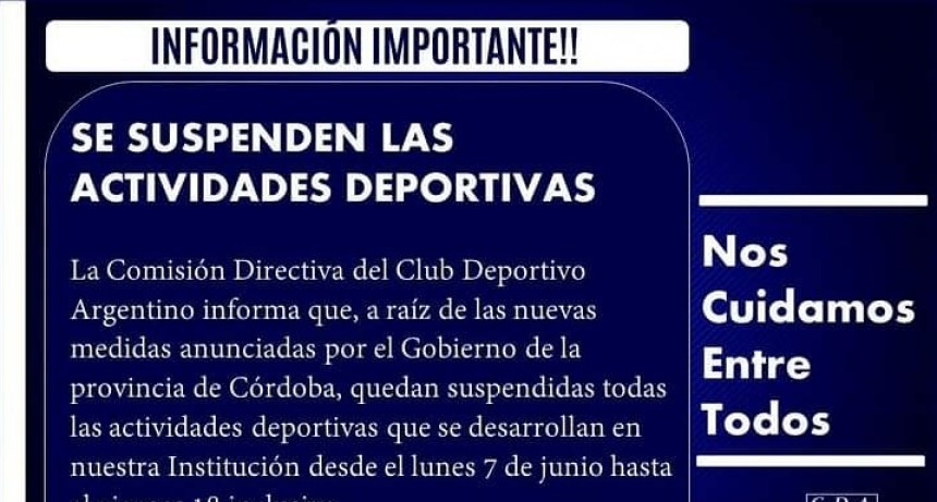 ARGENTINO SUSPENDIÓ LAS ACTIVIDADES DEPORTIVA