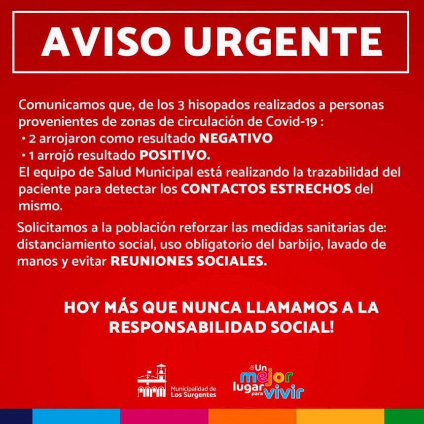 LOS SURGENTES: PRIMER CASO DE COVID-19 POSITIVO