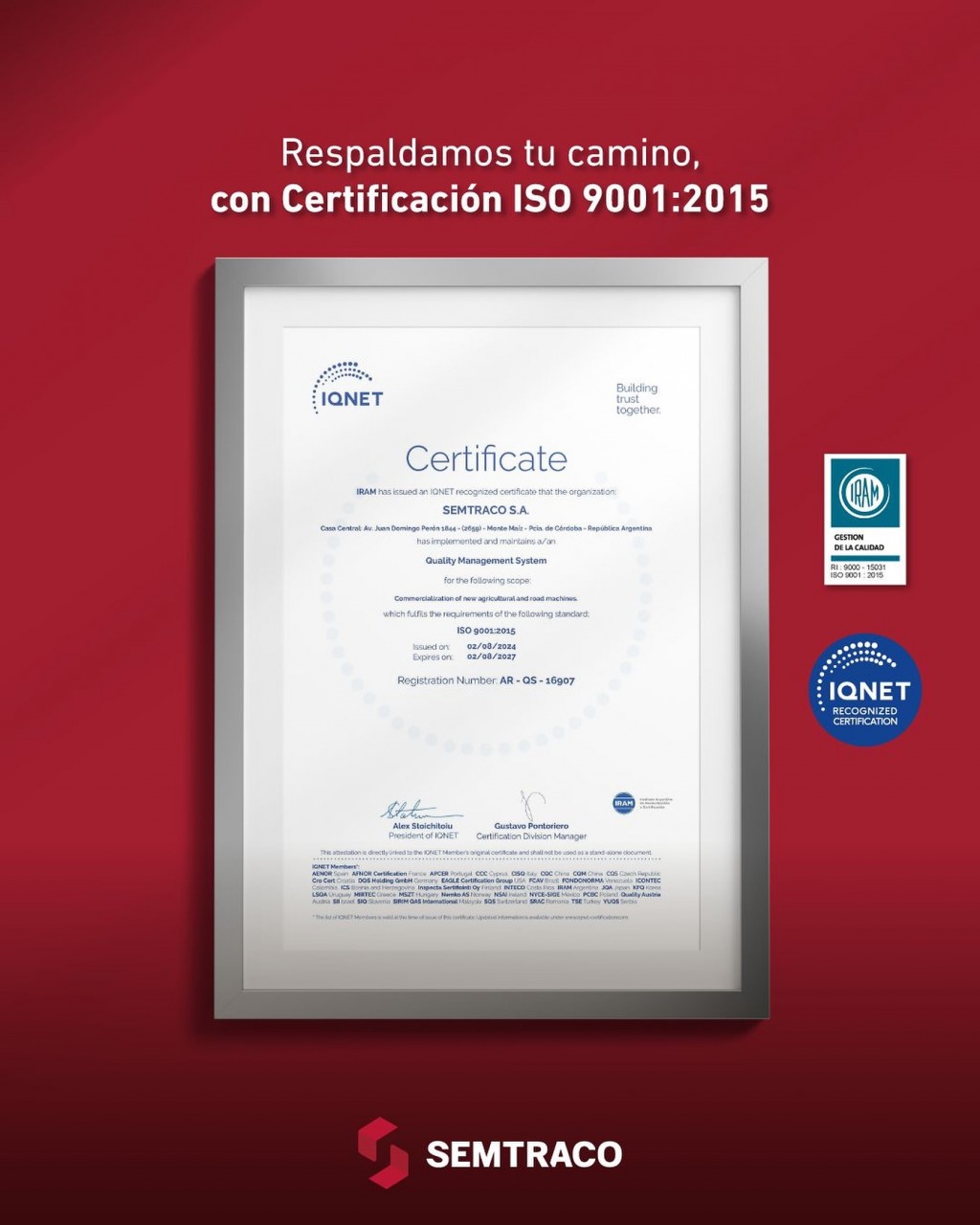 SEMTRACO RECIBIÓ LA CERTIFICACIÓN INTERNACIONAL ISO 9001