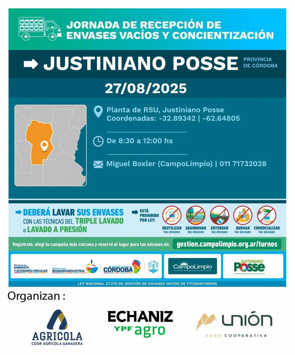 JUSTINIANO POSSE SE PREPARA PARA RECIBIR ENVASES VACÍOS