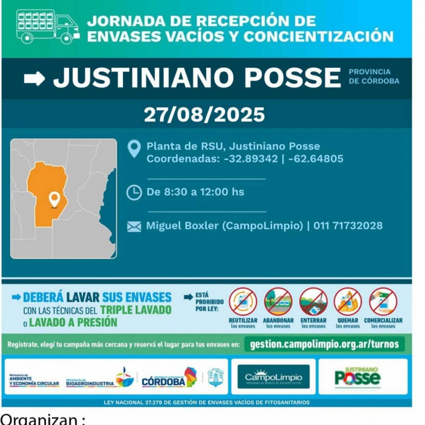 JUSTINIANO POSSE SE PREPARA PARA RECIBIR ENVASES VACÍOS
