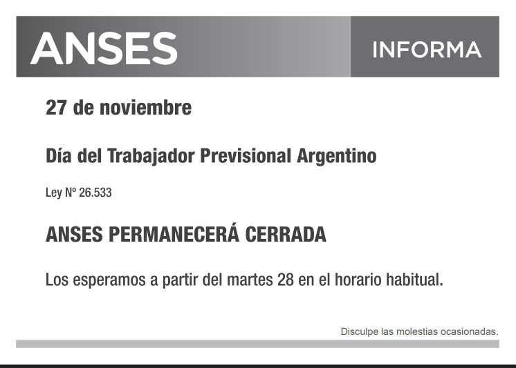 MAÑANA NO HAY ATENCIÓN EN LAS OFICINAS DE ANSES